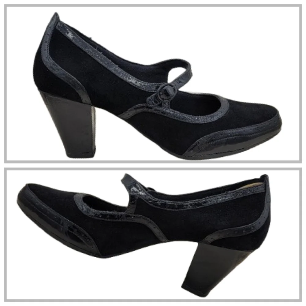 Clarks Artisan Diamond Shine Mary Jane Pumps Black Suede Patent 10" Footbed - Picture 6 of 15